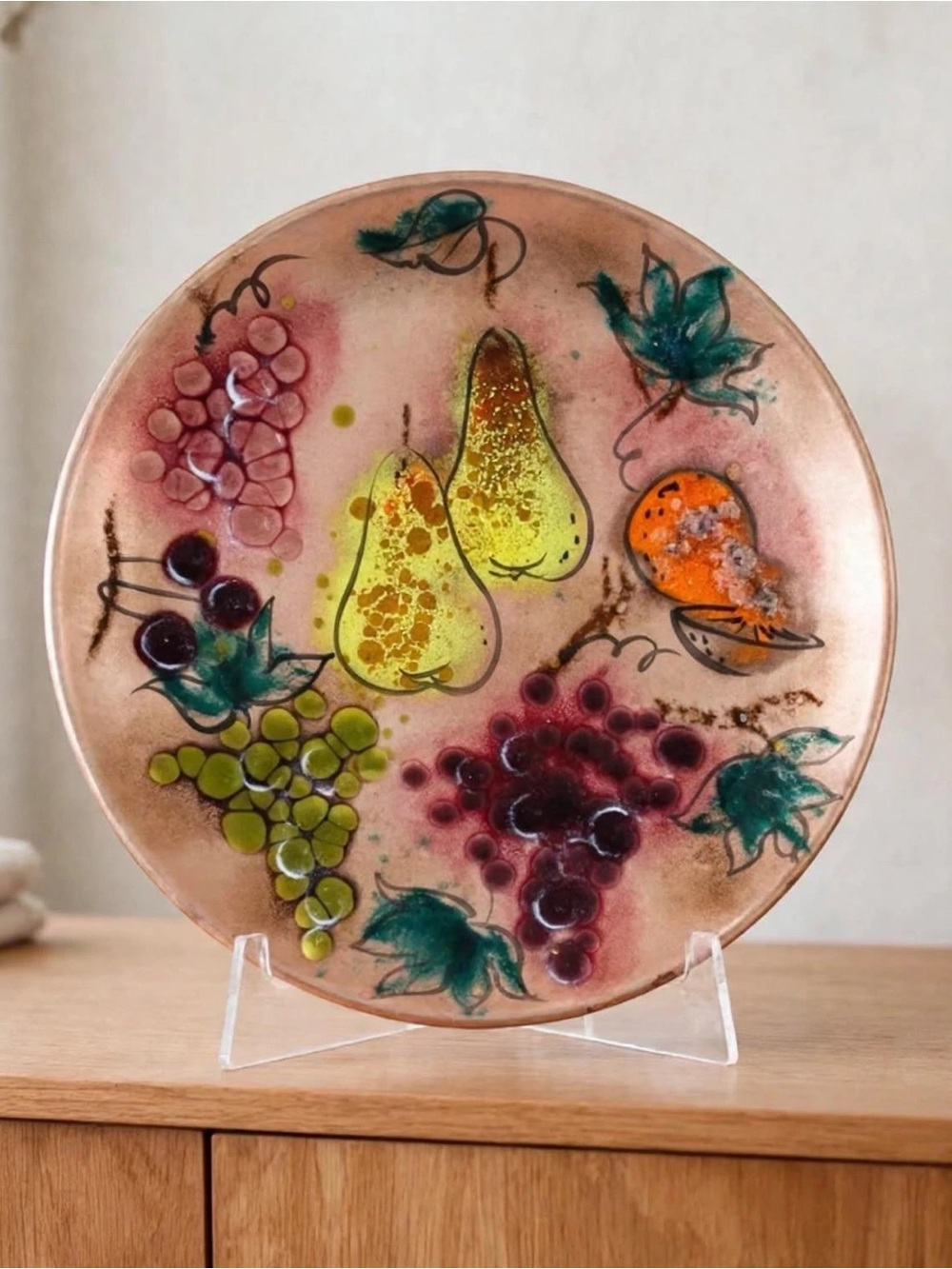 1950s California Cloisonné Enamel on Copper Tray 14.25" Mid Century Fruit Landau